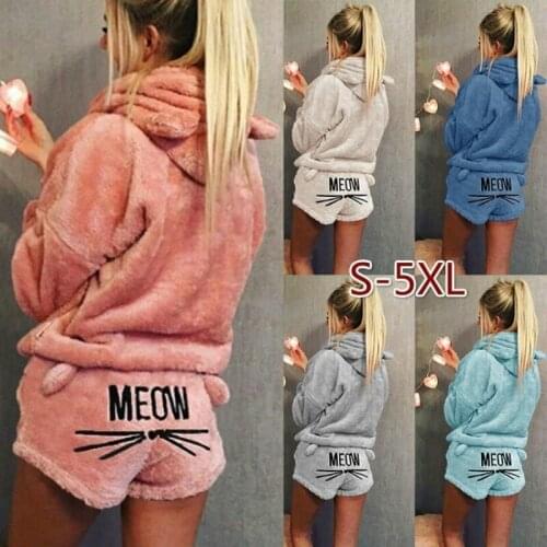 Women Warm Pajamas Set Winter Solid Flannel Sleepwear Fashion Cute Cat Two Piece Outfits Casual Plus Size Hoodie Tops & Pants