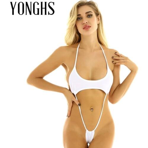 Womens Erotic Lingerie Set G-string Thong Mini Slingshot Thong Bodysuit Nightwear Halter Neck Backless Adjustable One-piece Suit