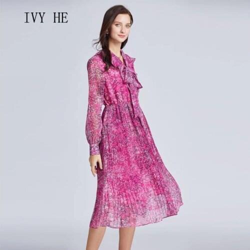 IVY HE Early Autumn 2021 New French Design Purple Floral Long Sleeve Chiffon Pleated Dress Lace Up Bow Elastic Waist Lady Dress