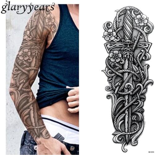 1 Sheet Big Large Full Arm Tattoo Sticker Unisex Body Art Sword Flower Pattern Waterproof Temporary Tattoo Sticker Decal QB-3038