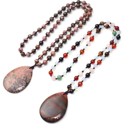 1PC BloodStone Natural Stone Oval Bood Jades Rhodonite Teardrop Agates Beads Hand Knot Rope Accessories Pendants Necklaces Free