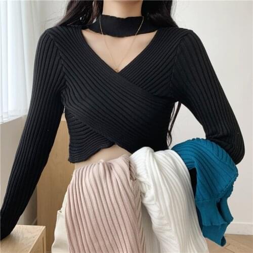 AOSSVIAO 2021 Long Sleeve Knitted Crop Sweater Sexy Autumn Halter Fashion Vest Black Casual White Jumper Top Female Pullover Y2K