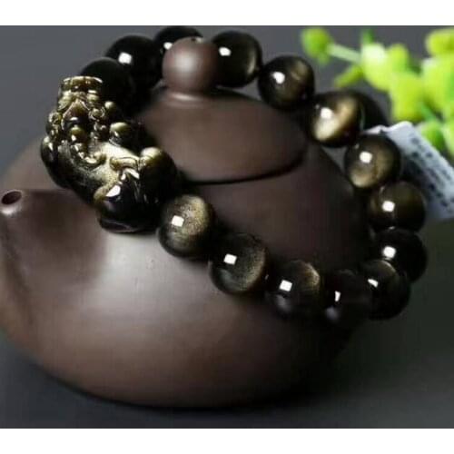 Ashion Natural Gold Obsidian PiXiu Dragon Beads Powerful Bracelet