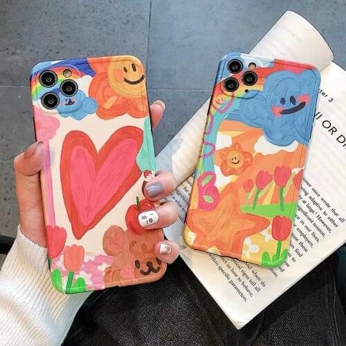 Lovely Graffiti Oil Painting Phone Case For iPhone 12 Mini 11 Pro Max XS XR 7 8 Plus X Cute heart Silicone Soft Back Cover Case