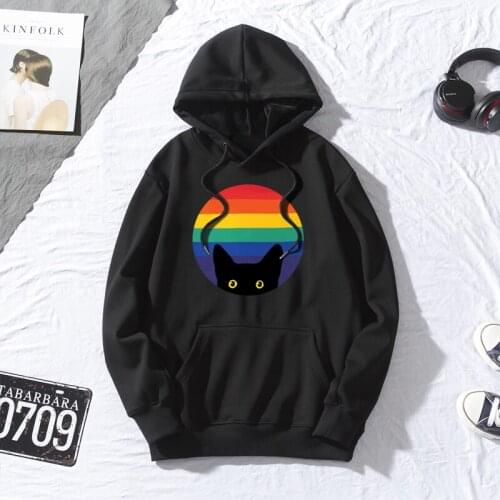 Colour Cat Print Hooded Mens Harajuku Casual Sweatshirts and Hoodie Leisure Outwear Clothing Tops Retro Hoody Tracksuits Homme