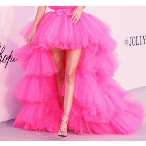 Hot Pink Tutu Layered Maxi Long Skirt High Low Tiers Women Prom Skirt 5 Layers Fashion Occasion Party Skirts Saia Faldas Custom