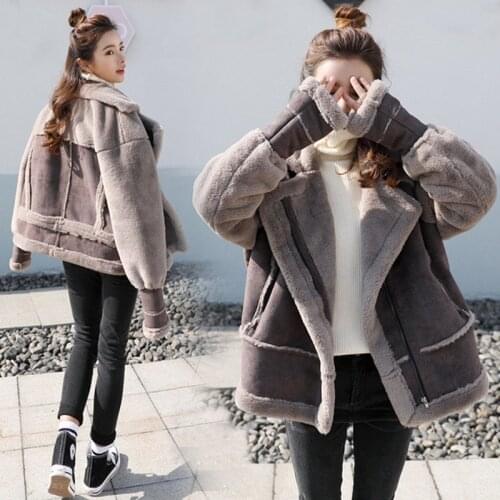 JuneLove Women Coats Jacket Motorcycle clothes female vintage winter Lamb hair thickening Short jacket New Korean jacket outwear