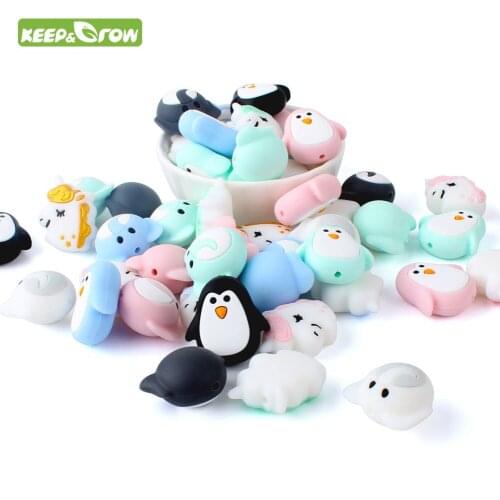 KEEP&GROW 30Pcs Unicorn Penguin Elephant Rodents Silicone Beads Teething Necklace Beads BPA Free DIY Jewelry Pacifier Chain Bead