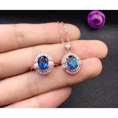 925 sterling silver inlaid London Blue Topstone ring necklace set popular fashion jewelry birthday gift
