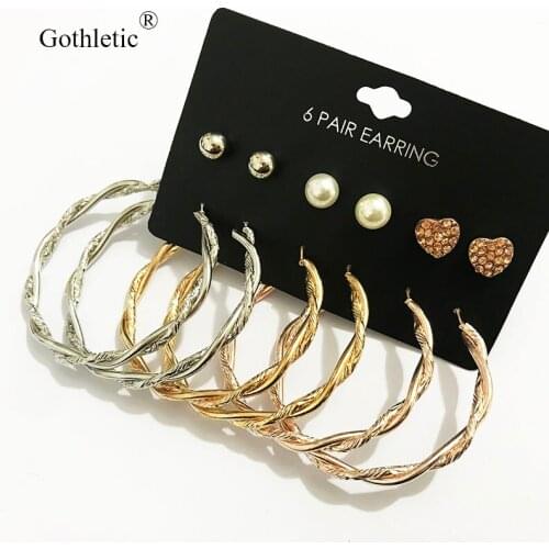 Gothletic Hoop Earring Set Rhinestone Crystal Heart Pearl Textured Metal Round Circle Earrings for Women Brincos Fashion Jewelry