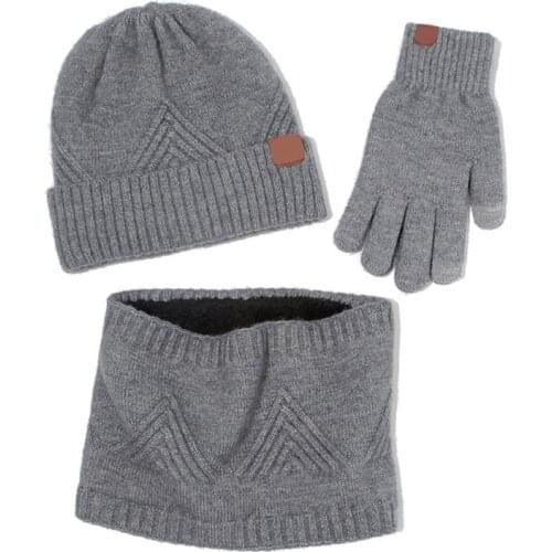 3Pcs Winter Plush Lined Striped Knit Beanie Hat Scarf Touch Screen Gloves Set Y1AC