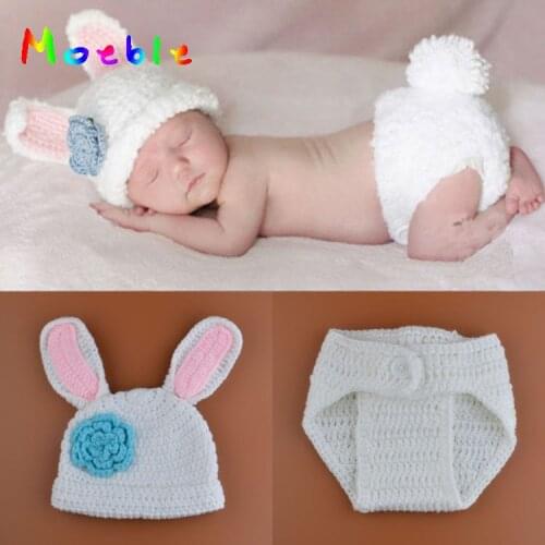 Lovely White Rabbit Newborn Baby Photography Props Knitted Baby Animal Hat Pants Set for Newborn Photo Shoot Baby Easter Costume