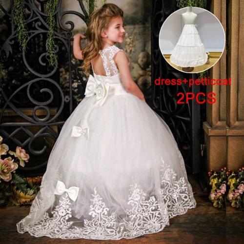 2021 Summer Flower Girls White Dress Kids Dresses For Girls Children Costume Princess Dress Party Wedding Dress 2PCS Petticoat