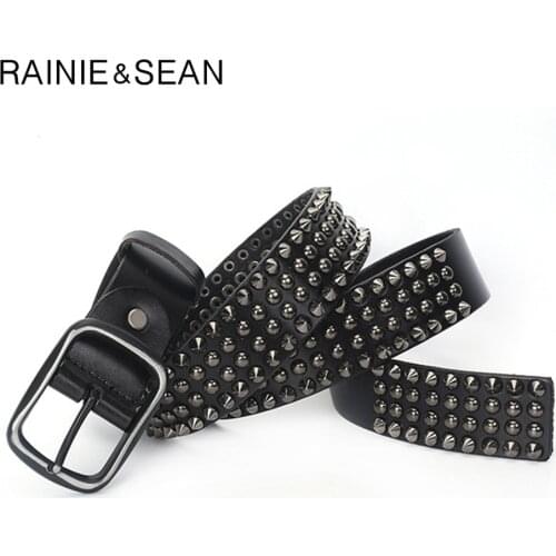 RAINIE SEAN Designer Brand Belt Men Rivet Real Leather Pin Belt Male Black Rock Genuine Leather Cowhide Luxury Punk Belt Jeans