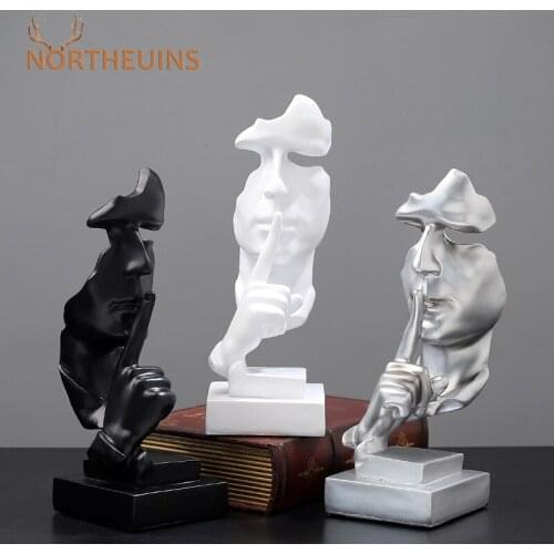 NORTHEUINS 31cm Resin Silence Is Gold Statues Nordic No Say Figurines For Interior Abstract Sculptures Home Office Desktop Decor