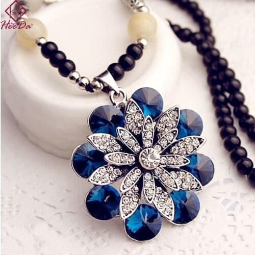 2020 New Fashion Shiny Crystal Flower Necklace Women Graceful Joker Sweater Chain Korean Elegant Strand Beads Neck Accessories