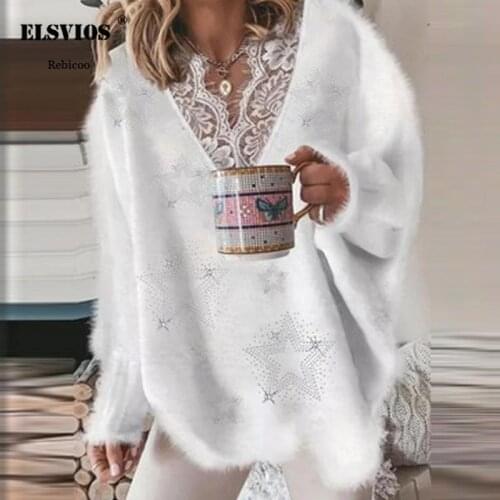 Solid Color Loose Knit Sweater Womens Lace V-Neck Long Sleeve Warm Sweater Autumn/Winter Casual Elegant Simple Blouse Tops