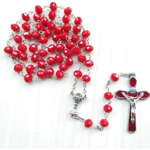QIGO Red Crystal Rosary Necklace For Women Long Enamel Cross Pedant Necklace Catholic Jewelry Accessories