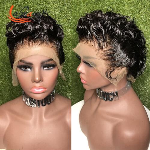 250% 13X2 Swiss Lace Frontal Human Hair Wigs Kinky Curly Short Pixie Bob Natural Color For Woman Pre Plucked Natural Hairline