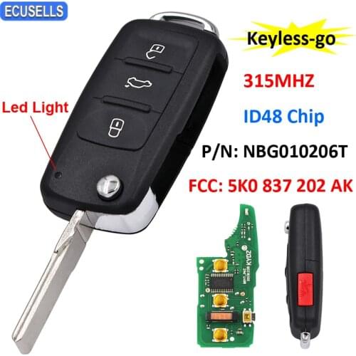 Keyless-go 3+1/4 Button Remote Key 315MHz ID48 Chip 5K0 837 202 AK for Volkswagen 2011-2017 (Models with Prox) P/N: NBG010206T