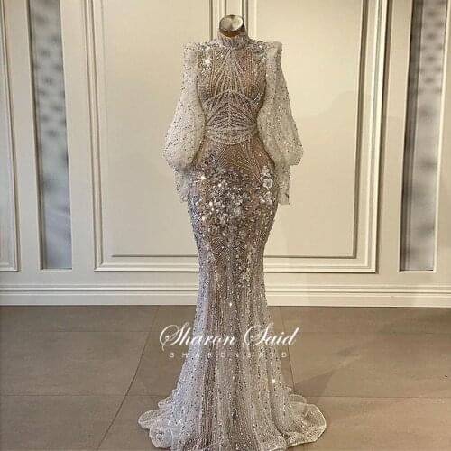 Luxury Beaded Ivory Mermaid Evening Dresses Long Sleeve High Neck Dubai Prom Formal Dress for Women Wedding Bridal Party Gowns
