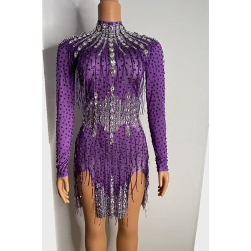 Silver Purple Rhinestone Spandex Dress Prom Women Dance Sparkly Costume Birthday Celebrate Show Evening Short Dress