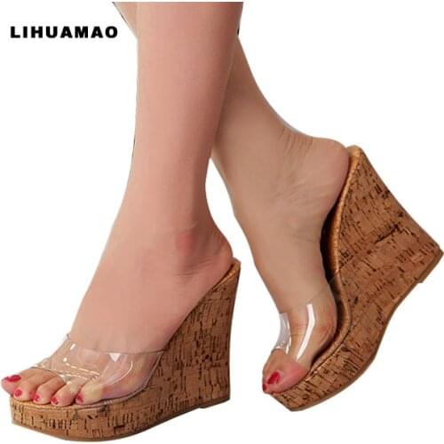 LIHUAMAO transparent women slipper wedges platform open toe beach slides sandals shoes high heel pumps for party outdoor casual