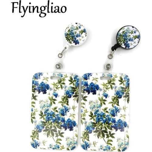 Blue Green Flowers Card Holder Women Men Business Lanyard Badge Card Case Women Card Cover Student Lanyard ID Name Card Holder