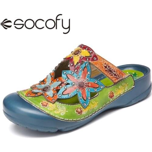 SOCOFY Women Ethnic Style Slippers Leather Shoes Studded Floral Flat Slides Mules Sandals Casual Outdoor Beach Shoes 2020