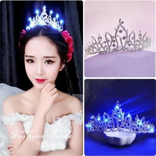 Glitter Queen Crown LED Light 4Colors Rhinestone Bridal Glowing Tiara Light-up Hairband for Women Christmas Hair Ornaments HG195