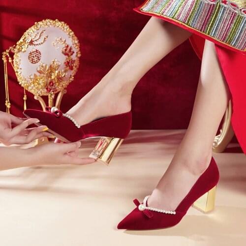 Women Pumps Flock Pearls Bow Lovely Nice Quality Cute Shoes Red Wedding Shoes Female Party Dress Pointed Toe 5cm 7cm Fat Heels