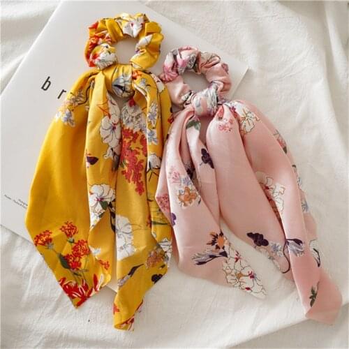 Diy Boho Print Floral Long Ribbon Hair Band Elegant Satin Hair Scarf Scrunchies For Women Fashion Elastic Hair Tie Accessories