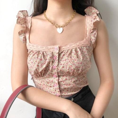 Flower Buckle Cute Floral Lace Square Neck Flying Sleeve Ruffle Vest Suspender Top