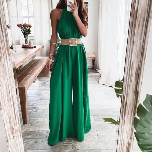 Womens Solid Pleated Sleeveless Jumpsuits Wide Leg Drapped Rompers Office Ladies Jumpsuit Elegant Casual Fashion Summer 2021