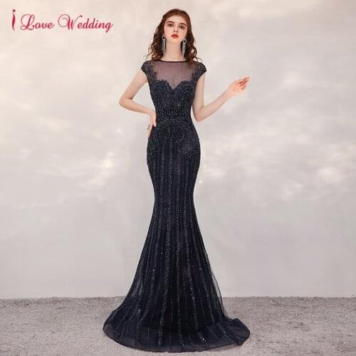 2021 Luxury Navy Blue Sheer Neck Mermaid Evening Dresses for Women Beading Crystal Sequin Long Sexy Formal Wedding Party Gowns