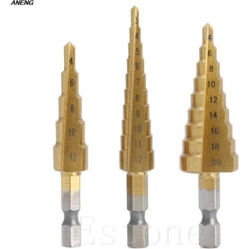 3Pcs HSS 4241 Steel Step Cone Titanium Coated Drill Bit Cut Tool Hole Cutter Set