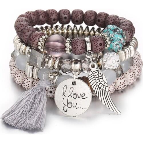 4pcs / Set New Fashion Womens Mens Bracelet Multi-layer Crystal Lava Stone Bead Wing Tassel Bracelet Beaded Bracelet Gift2021