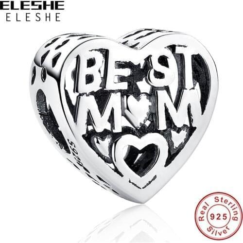 5PCS/lot ELESHE S925 Sliver Vintage Best Mom Heart Bead Fit Original Bracelet & Necklace DIY Jewelry Mothers Day Gift