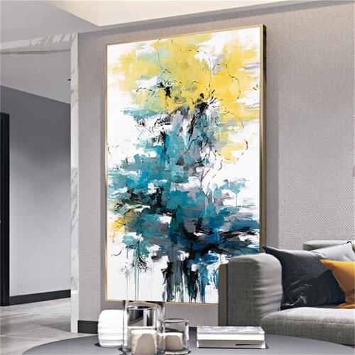 Handmade abstract painting white blue gold canvas art texture palette modern mural hotel restaurant living room decoration