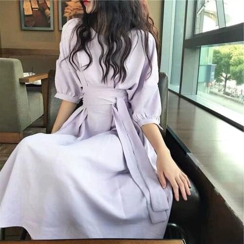 Elegant Womens Dress French Retro Chiffon Bubble Middle Sleeve Bandage Waist Dress Casual Party Dress 2021 Fashion Dress