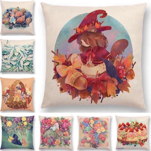 Hot Sale Dreamlike Watercolor Painting Cute Girls Colorful Flowers Marine Cushion Cover Car Home Decor Sofa Throw Pillow Case