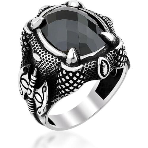 Black Zircon Stone Eagle Claws Men 'S Silver Ring