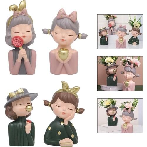 Indoor Fashion Girl Flower Pot Resin Succulent Vase Face Statue Planter Container
