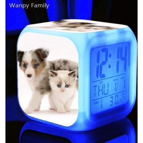 Cute Pet Cat Dog Alarm Clock 7 Color LED Glowing Digital Alarm Clock For Kids Birthday Gift Night Light Electronic Watches Clock