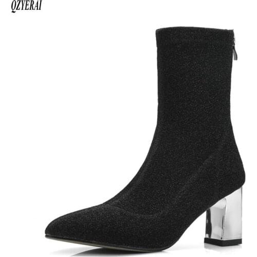 Fashion Women Boots High Heels Black Snow Boots Square crystal Heels Winter Shoes Women Pointed Ladies Sock Boots Plus Size34-43