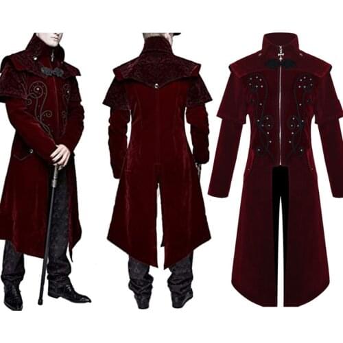 Mens Medieval Steampunk Castle Vampire Devil Red Coat Cosplay Costume Middle Ages Victorian Nobles Tuxedo Suit Trench coat