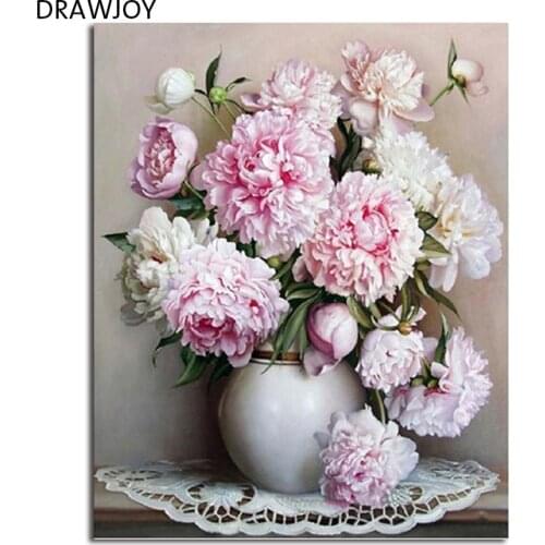 DRAWJOY Framed Pink Flower And Vase DIY Painting By Numbers Wall Art DIY Canvas Oil Painting Home Decor For Living Room
