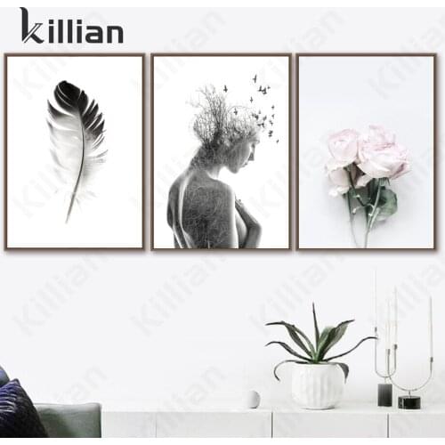 Paintings On The Wall Girl Bird Flower Feather Picture Famous Quote Wall Art Canvas Painting Nordic Posters and Prints Wall Deco