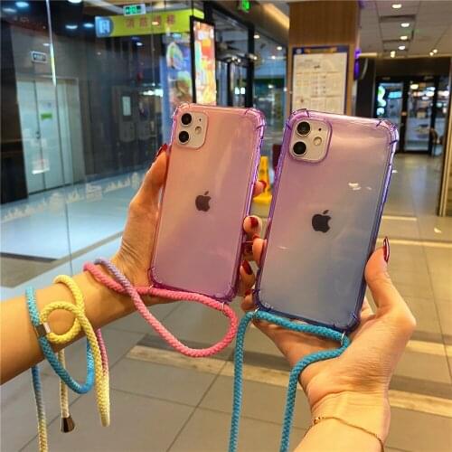 Necklace Lanyard Rainbow Gradient Phone Case For OPPO Realme 7 6 PRO X50 X2 5 A9 2020 A31 A92S A52 A91 A5 Soft Airbag Back Cover