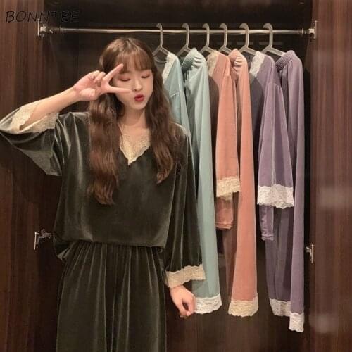 Pajama Sets Women Fashion Loungewear Female Spring Lace Patchwork Sexy Pajamas for Lady Pj Set Sleepwear Nighty Soft Ins V-Neck